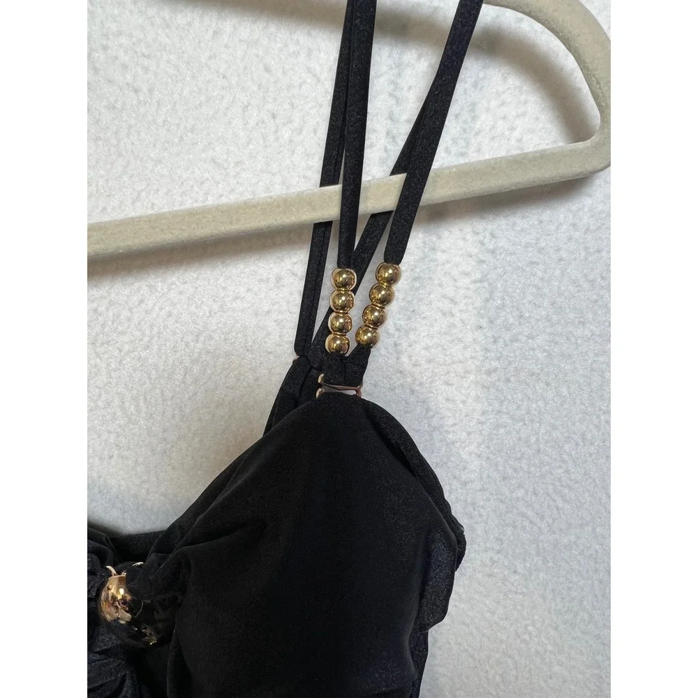 Black Cutout One Piece Swimsuit Gold Hardware Beaded‎ Straps Ruched Medium